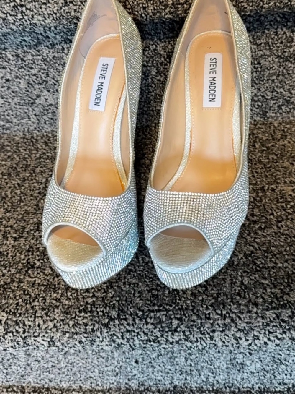 Steve Madden Silver Crystal Peep-Toe Platform Heels